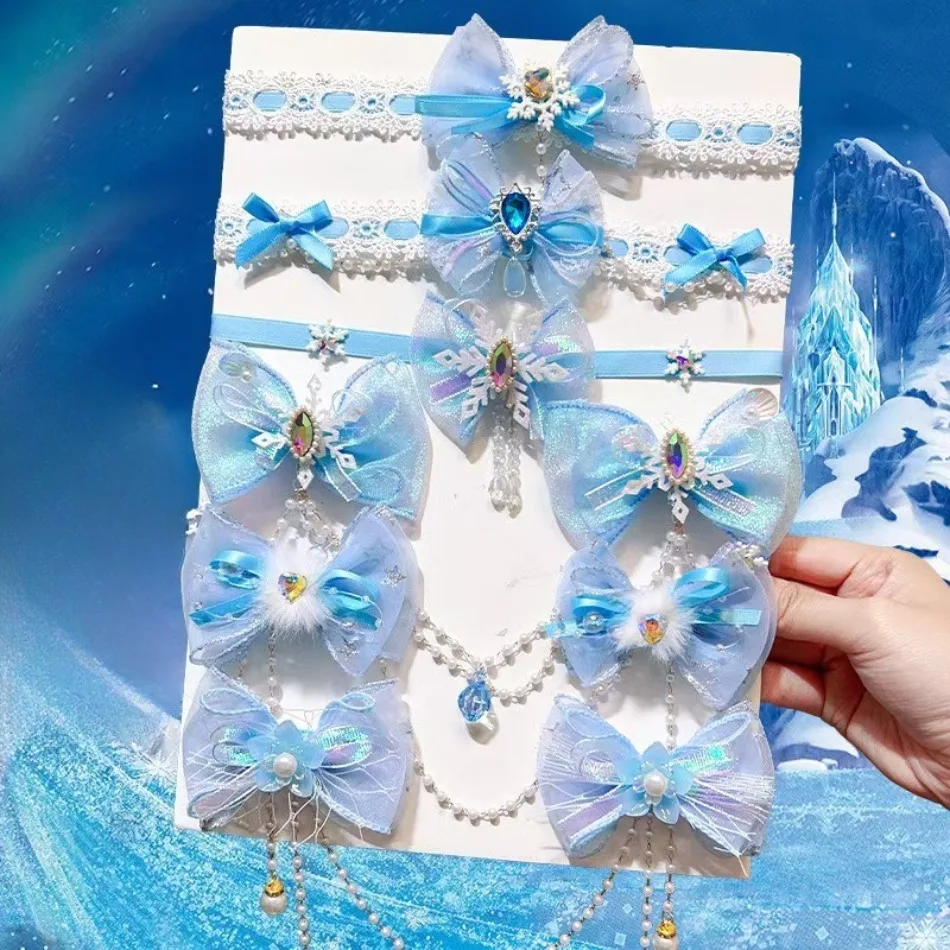 

Girls Snowflake Bow Hairpin Headgear Children Blue Fringed Hair Accessories Little Girl Snow Queen Set Princess Headgear ZY02