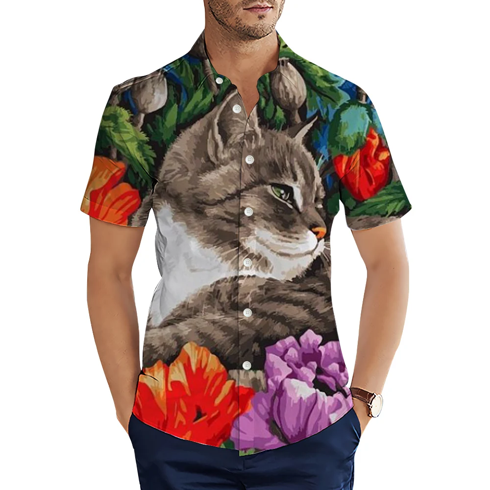 HX Fashion Animal Shirts Kitten Daisies Oil Painting Art 3D Printed Casual Shirts Men Summer Short Sleeve Lapel Tops Camisas