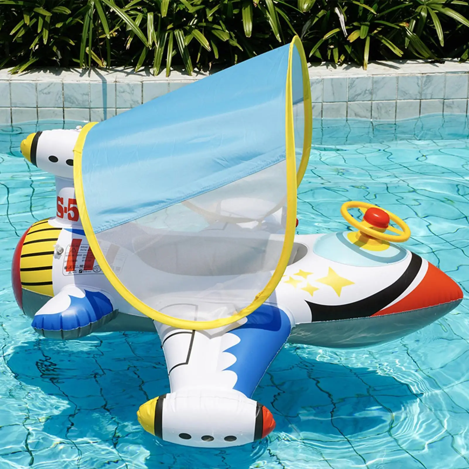 Aufblasbarer Pool-Schwimmer-Stuhl in Flugzeugform mit Sonnenschutz, Überdachung, Wasserspielspielzeug für Kinder im Alter von 1–6 Jahren, Jungen und Mädchen, Strand im Freien