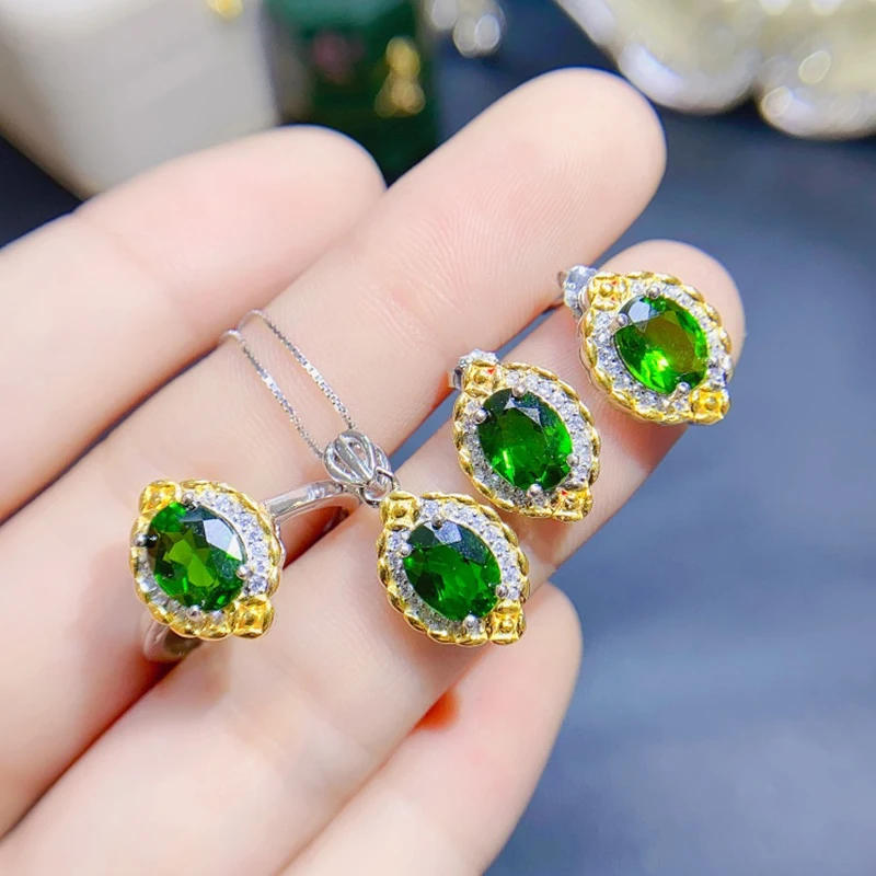 Natural Diopside jewelry sets for women rings earrings pendant silver 925  luxury gem stones 18k gold plated free shiping items