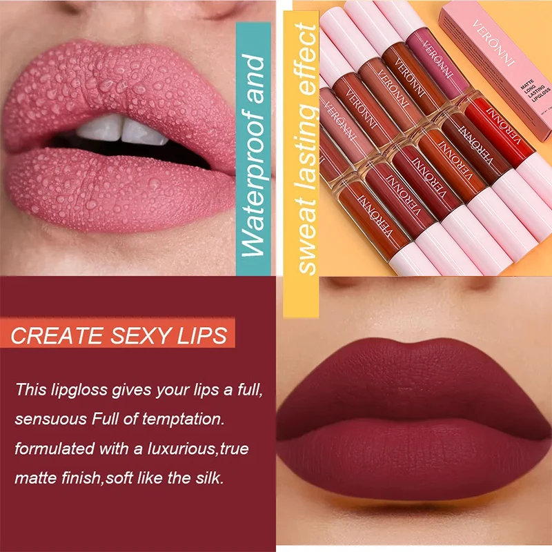 12 color Matte Velvet Lip Gloss Waterproof Lasting Liquid Lipstick Non-stick cup Lips tint Makeup Lip Glaze Red Lip Stain Beauty
