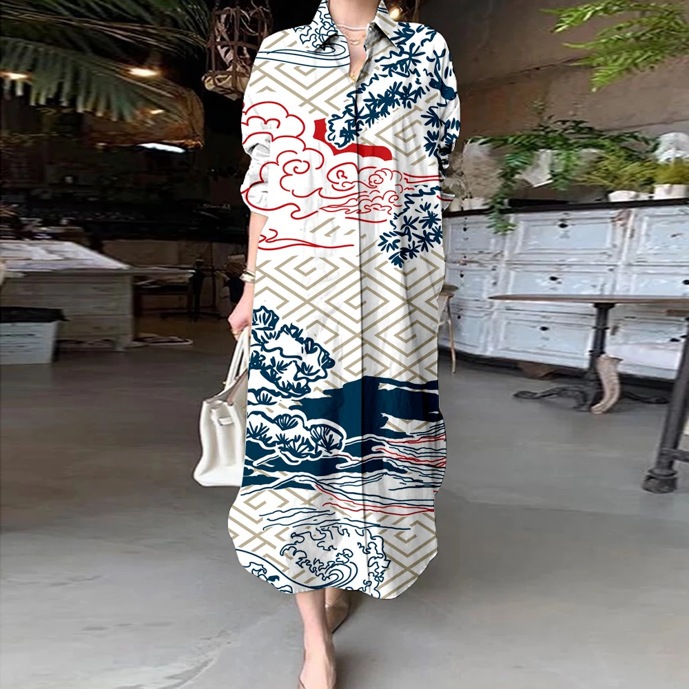 2024 Luxury Design Evening Party Dress Women Chinese Style Elegant Hand-Painted Printed Shirt Dresses Office Lady Commuter Dress