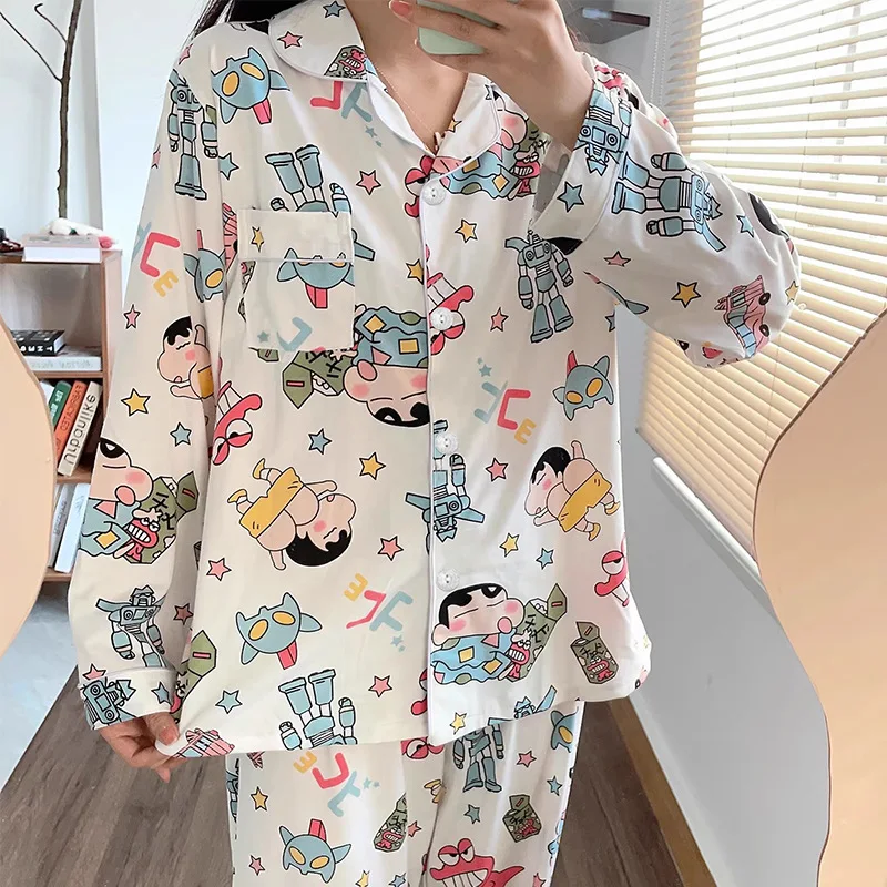 

Women Crayon Shin-chan Button Down Pajamas Set Spring Long Sleeve pyjamas Cute Cartoon Print Comfortable Two Piece Loungewear