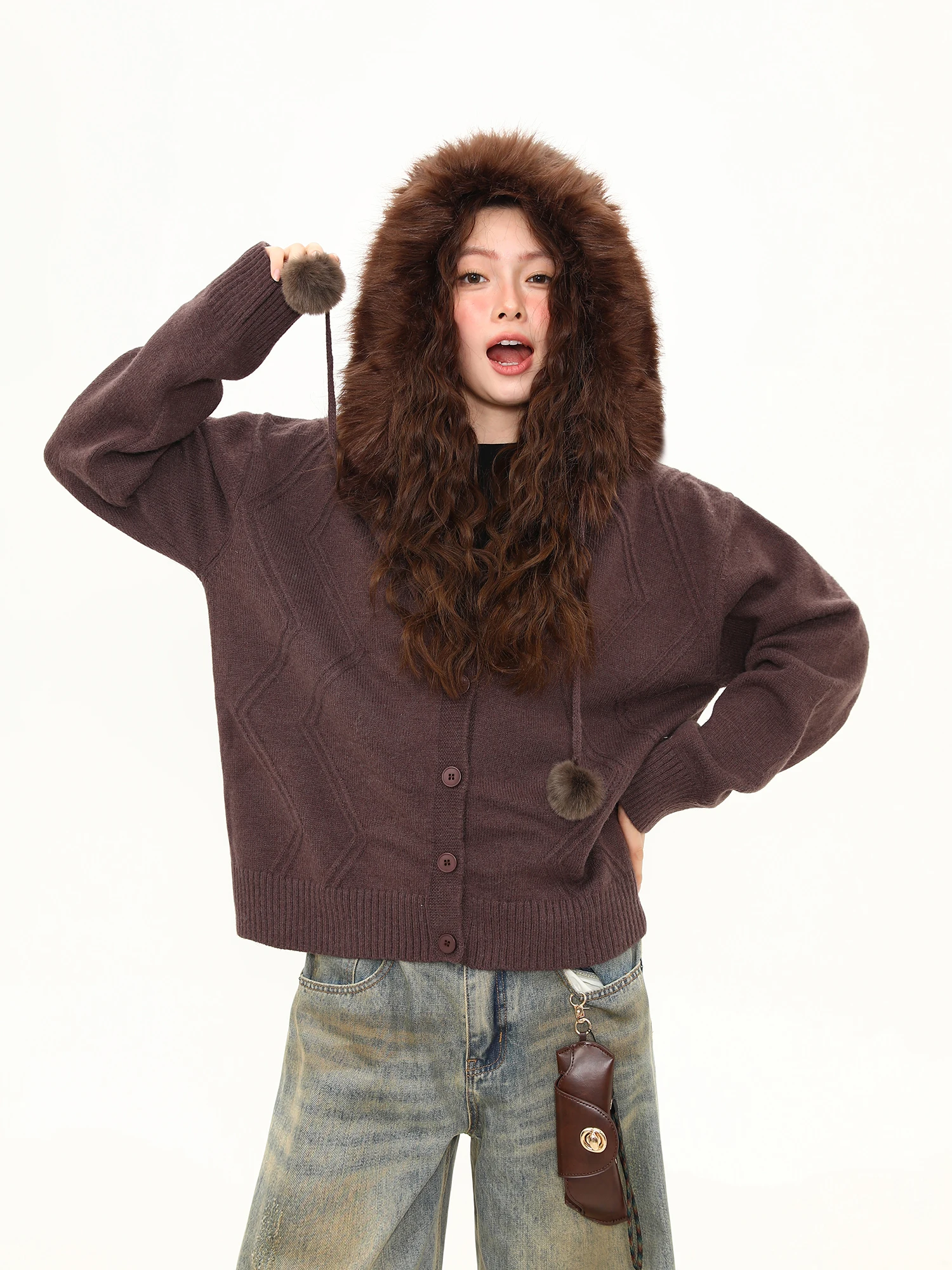 

Женский мягкий уютный винтажный вязаный свитер Wild Azi Winter Brown с капюшоном, модная верхняя одежда с длинными рукавами