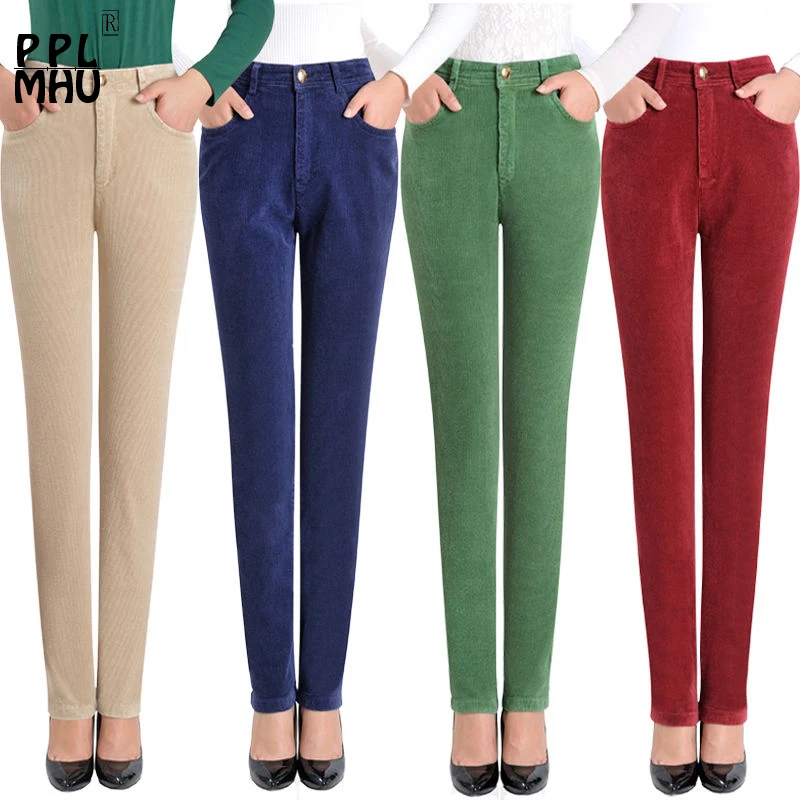 Office Mom Corduroy Straight Pants Women Eleagnt High Waist Formal Pantalones Big Size 35 Ol Spodnie Classic Trousers New Broek