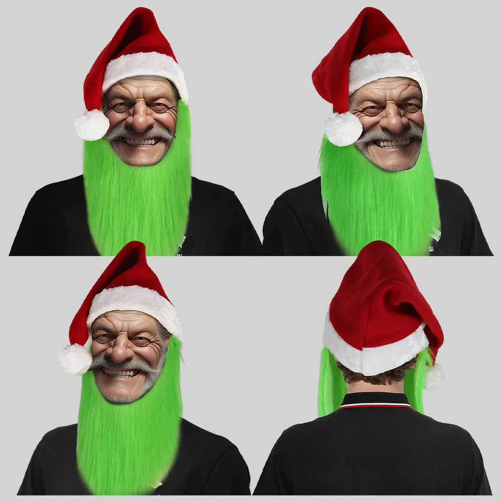 Grüne Bart-Weihnachtsmütze für Herren mit pelzigen Handschuhen für Erwachsene, Weihnachts-Cosplay-Kostümzubehör – Detail 1
