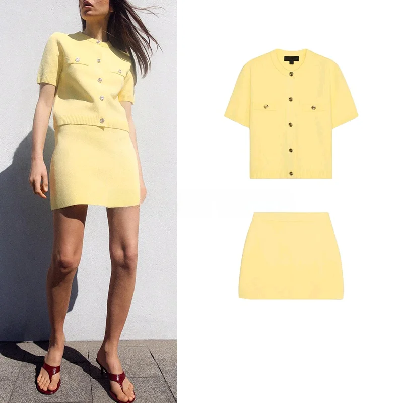 

mat Versatile ort Sve Knitted Jaet And Skirt Set Spring Faion Women's Clothing Button round Ne ort S...