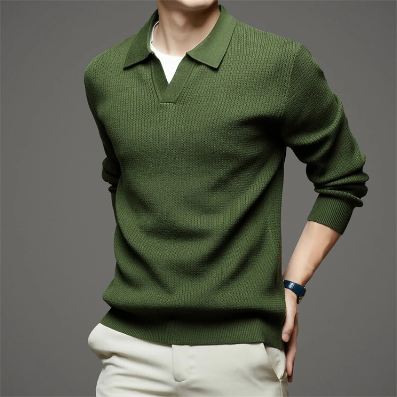 Casual Loose-fitting Stretch Solid Color V-neck Polo Men's Warm Sweater for Autumn and Winter.M-4XL