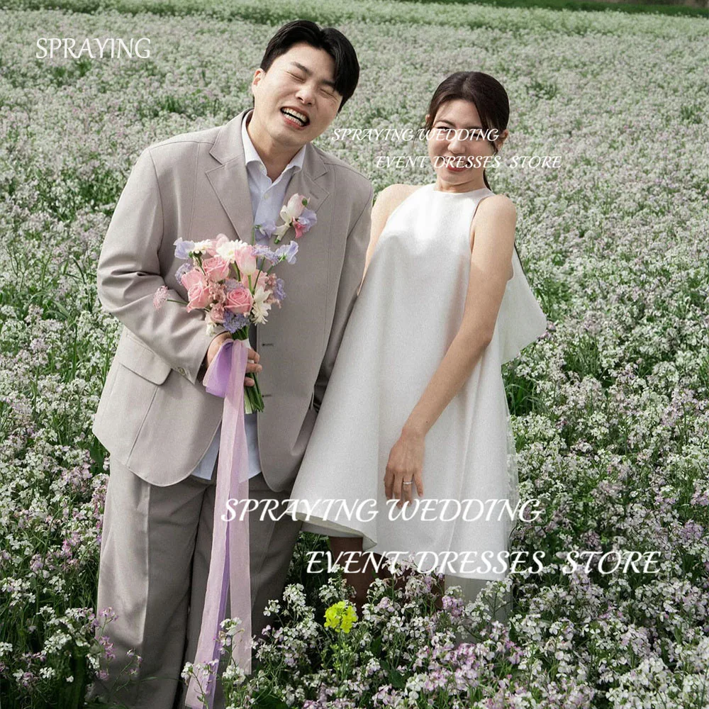 

SPRAYING Korean Wedding Photography Simple Satin O-Neck Short Wedding Dresses Corset Back A-line Mini Bridal Gown