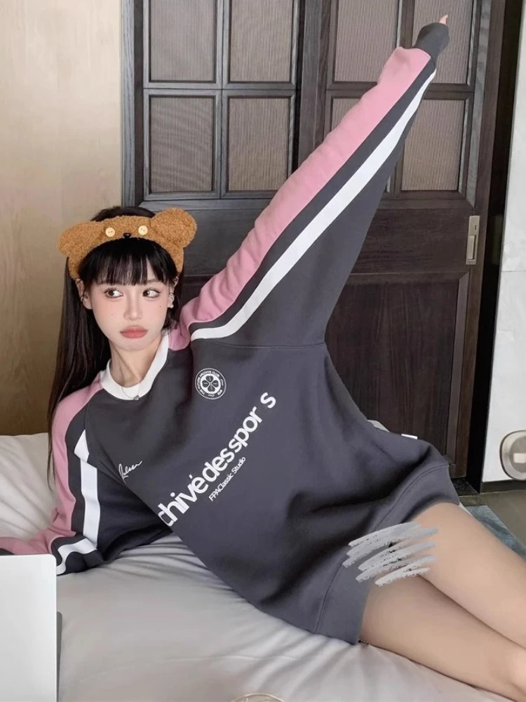 힙합 오버사이즈 셔츠 레트로 아메리칸 프린트 풀오버 봄 가을 신상 여성 루즈핏 긴팔 그래픽 탑 스트리트웨어 스웨트셔츠