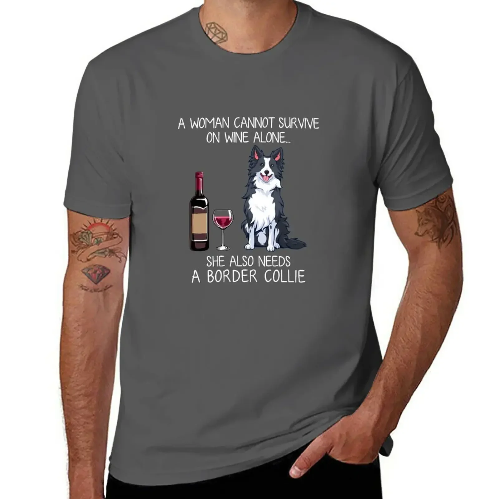 Border Collie and wine Funny dog T-Shirt vintage blanks boys animal print t shirts for men graphic Short Sleeve Round Collar