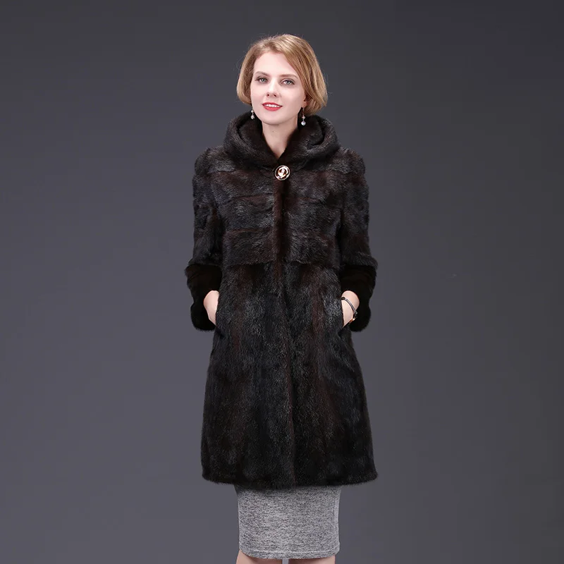 Real Mink Fur Coat for Women, Monochrome Hood Jacket, Natural Fox Fur Coat, Thick Warm Street Style, High Quality Fashion
