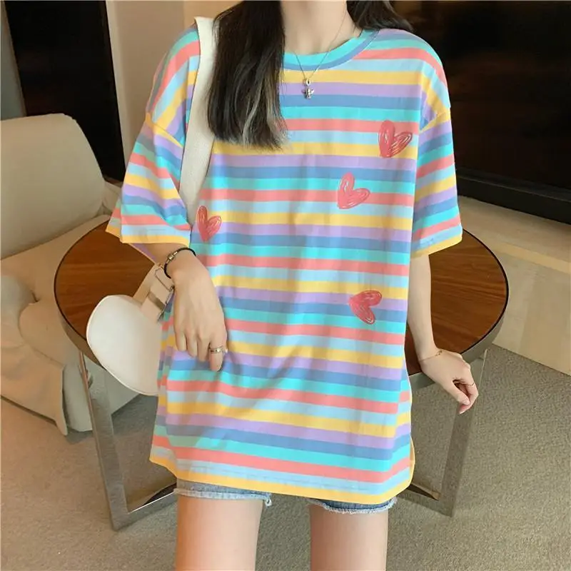 

2024 New Summer Sweet and Age Reducing Fashion Trend Round Neck Contrast Stripe Love Print Loose Casual Short Sleeve T-shirt