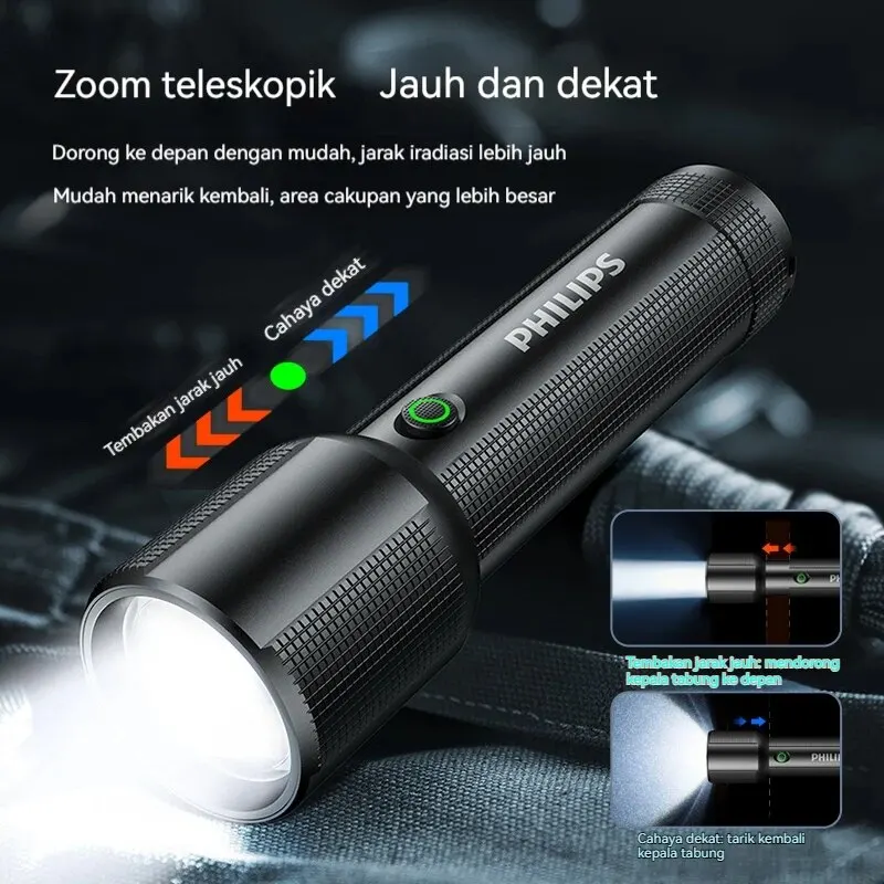 Philips Optical Zoom Flashlight Portable Flashlight With 4 Lighting Modes USB C Rechargeable For Self Defense Camping