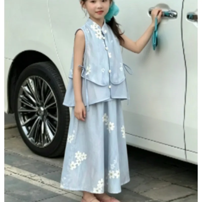

2026 Summer children New clothing Set blue white Flower Top and Mosquito Resistant Wide Leg casual Pants