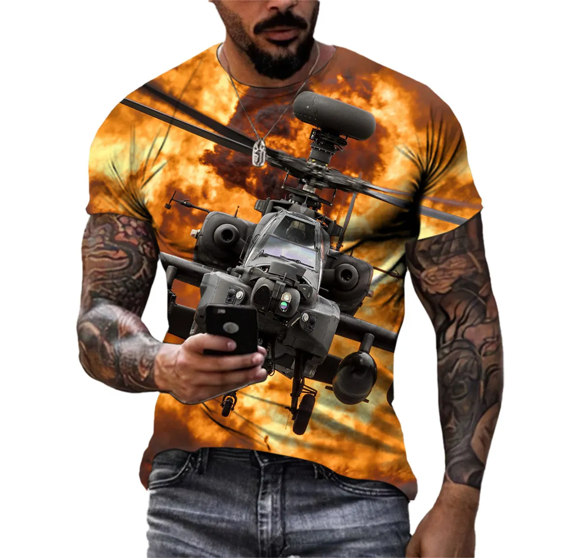 Apache Gunship New Summer Muscular Tough Guy Men\'s T-shirt Street Fashion Short Sleeve Army Fan Outdoor Quick Drying 3d Blazer