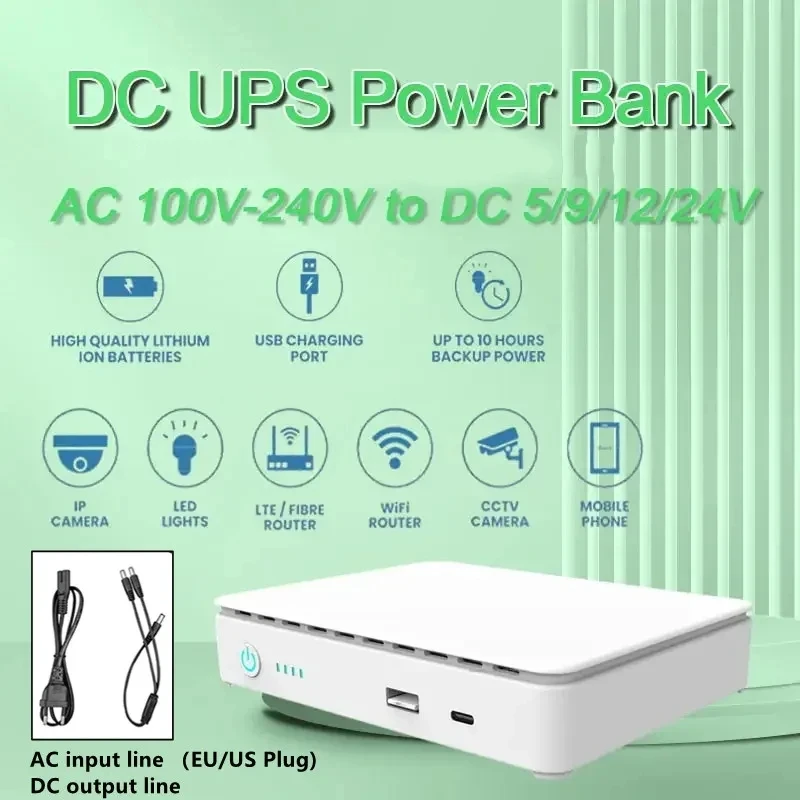 Mini DC UPS Backup Power Bank with Lithimum Battery, USB, Type-C, POE, Wi-Fi Router, IP Camera, 5V, 9V, 12V, 15V, 24V, 10400mAh,