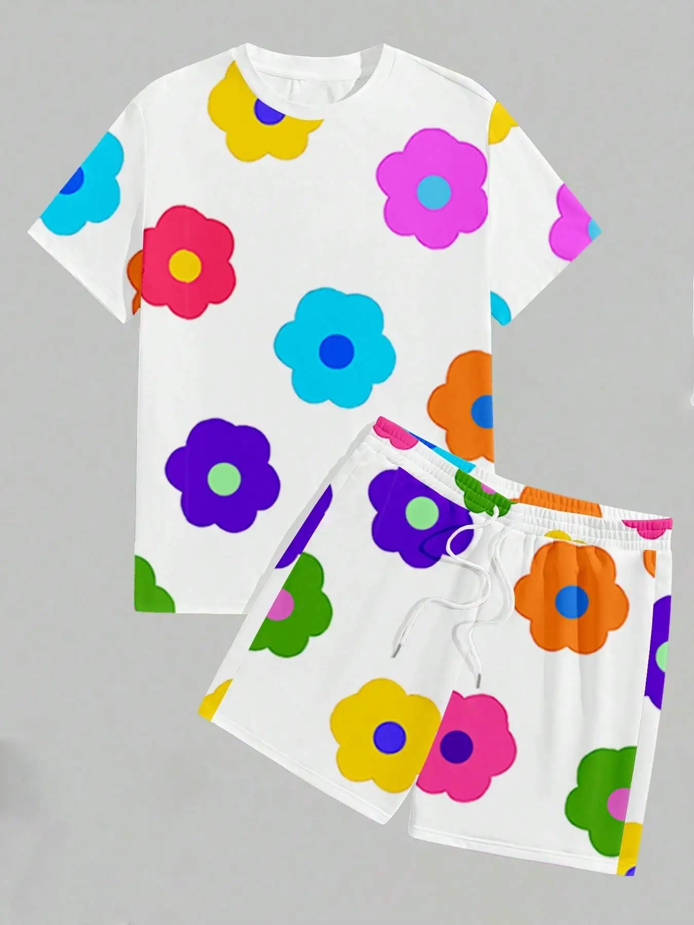 

Men’s 3D Casual Summer Outfit Quick Dry Breathable Skin Friendly Vibrant Floral Print Short Sleeve Drawstring Pocket Shorts