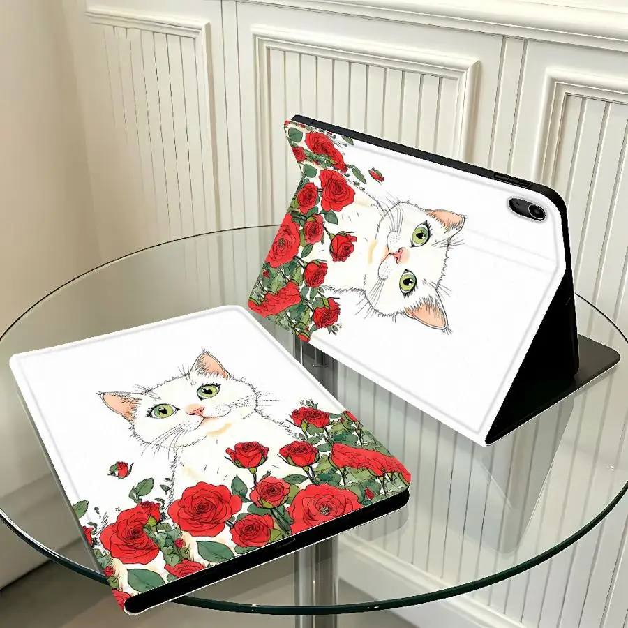 Case for Apple iPad Air 11 13 M4 M3 M2 A16 2026 10th 7/8/9th Pro11 13 with Pencil Slot Red Rose White Cat