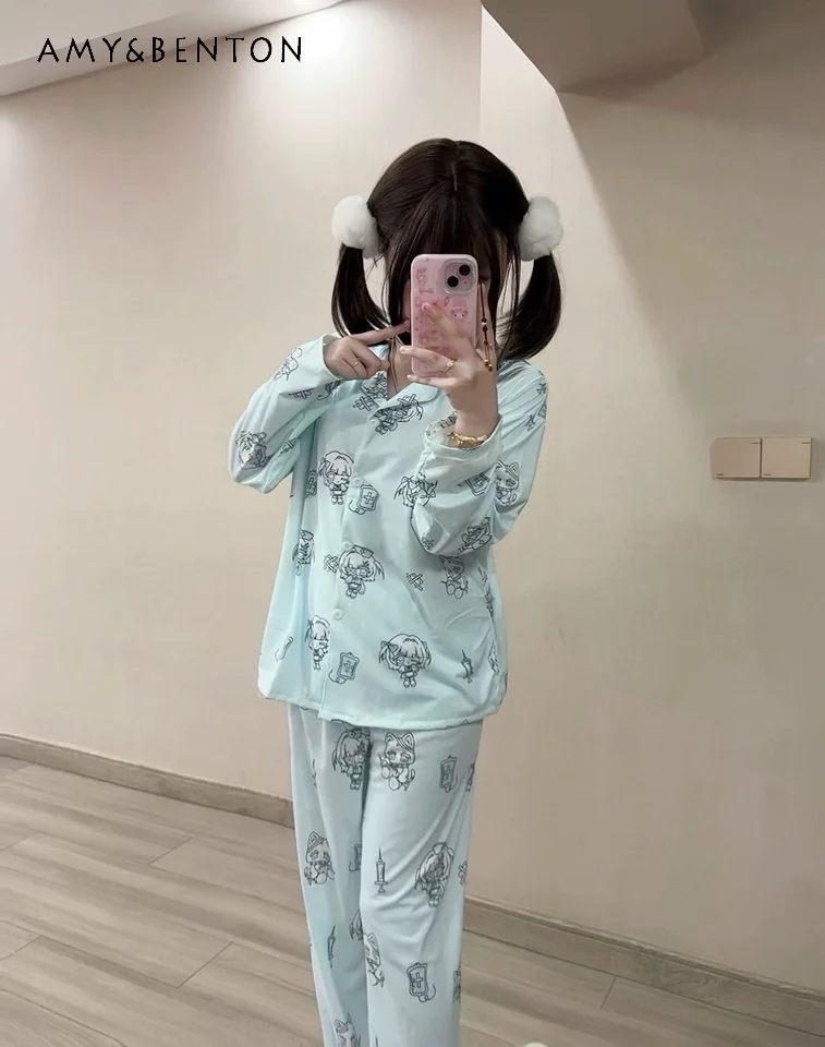 الأصلي المائية اليابانية أنيمي طباعة لينة مريحة منامة ثقافة فرعية ثنائي الأبعاد طويلة الأكمام السراويل الطويلة مجموعة Kawaii