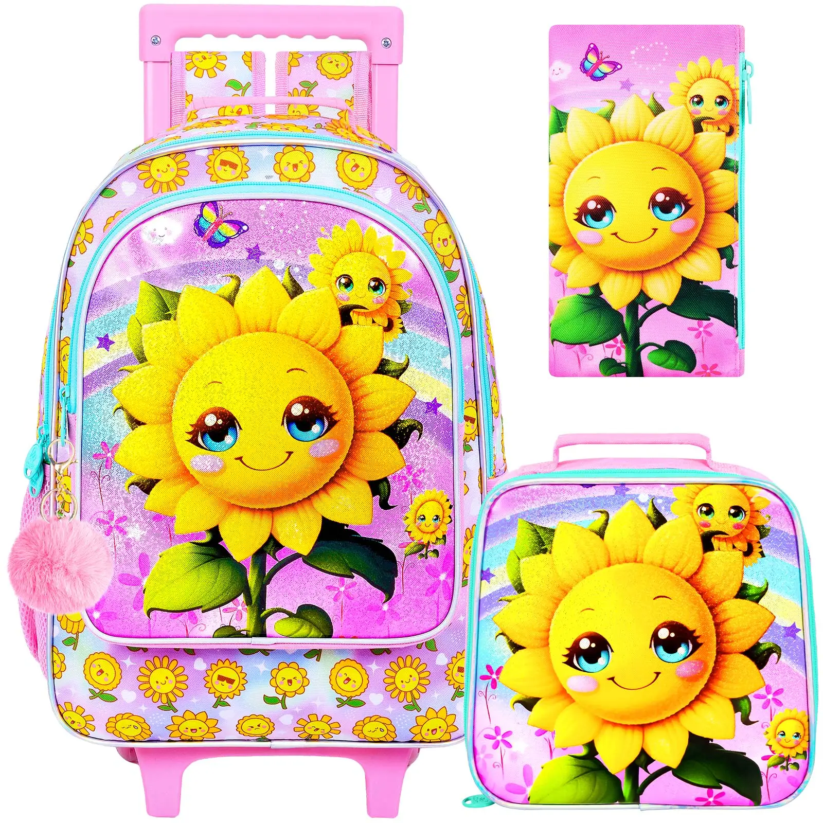 

3 шт. рюкзак на колесиках для девочек, детская сумка для книг на роликах, школьная сумка на колесиках с сумкой для обеда - желтый подсолнух