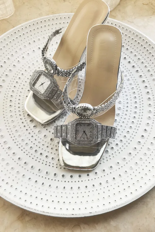 Sandalias de tacón alto con reloj de cristal de diseño Original, zapatillas de tacón transparente de cuero con diamantes de lujo para mujer, zapatos para citas y fiestas