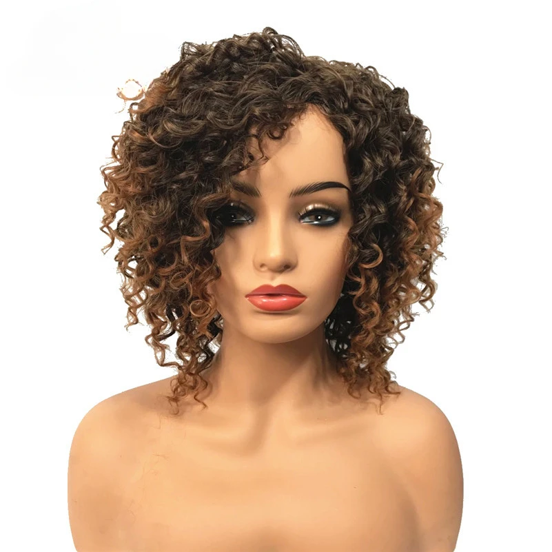 

Short Brown Highlights Ombre Curly Wig Afro High Heat Ok Full Synthetic Wigs