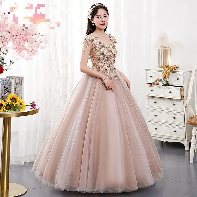 

Lace Flowers Tulle Ball Gown Sexy Deep V-neck Quinceanera Dresses Sleeveless Floor-length With Appliques Vestido De Debutante