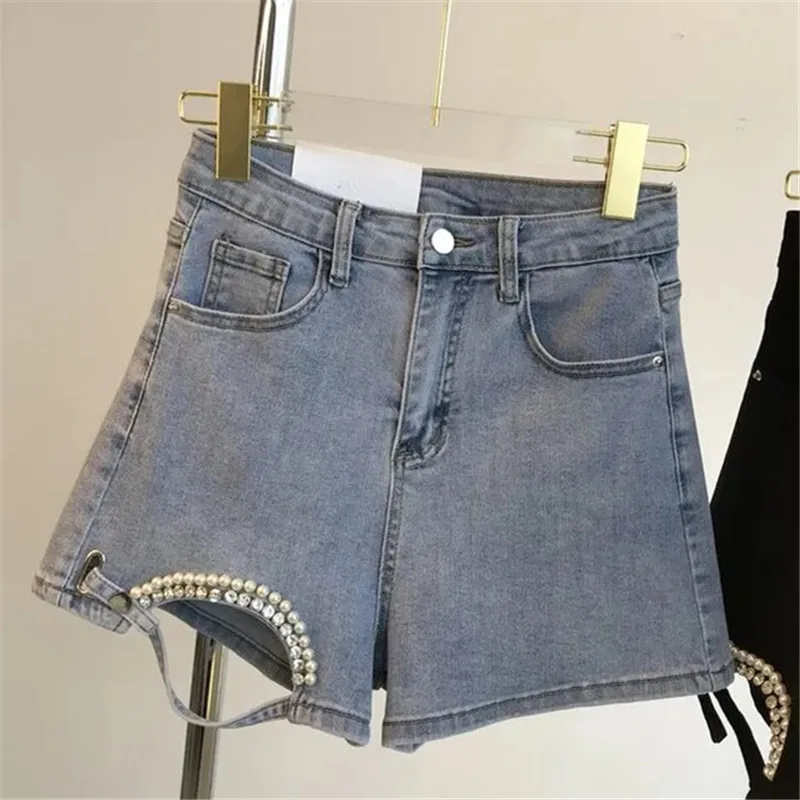 

Summer Denim Shorts Women Wide Leg Pant Casual A-line Female Korean Fashion Harajuku Wild Solid Black Blue Short Jeans Beading