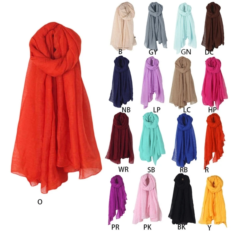 Women Solid Color Long Scarf Shoulder Wrap Vintage Cotton Linen Large Shawl Hijab Elegant Lightweight Big for Head Scarv