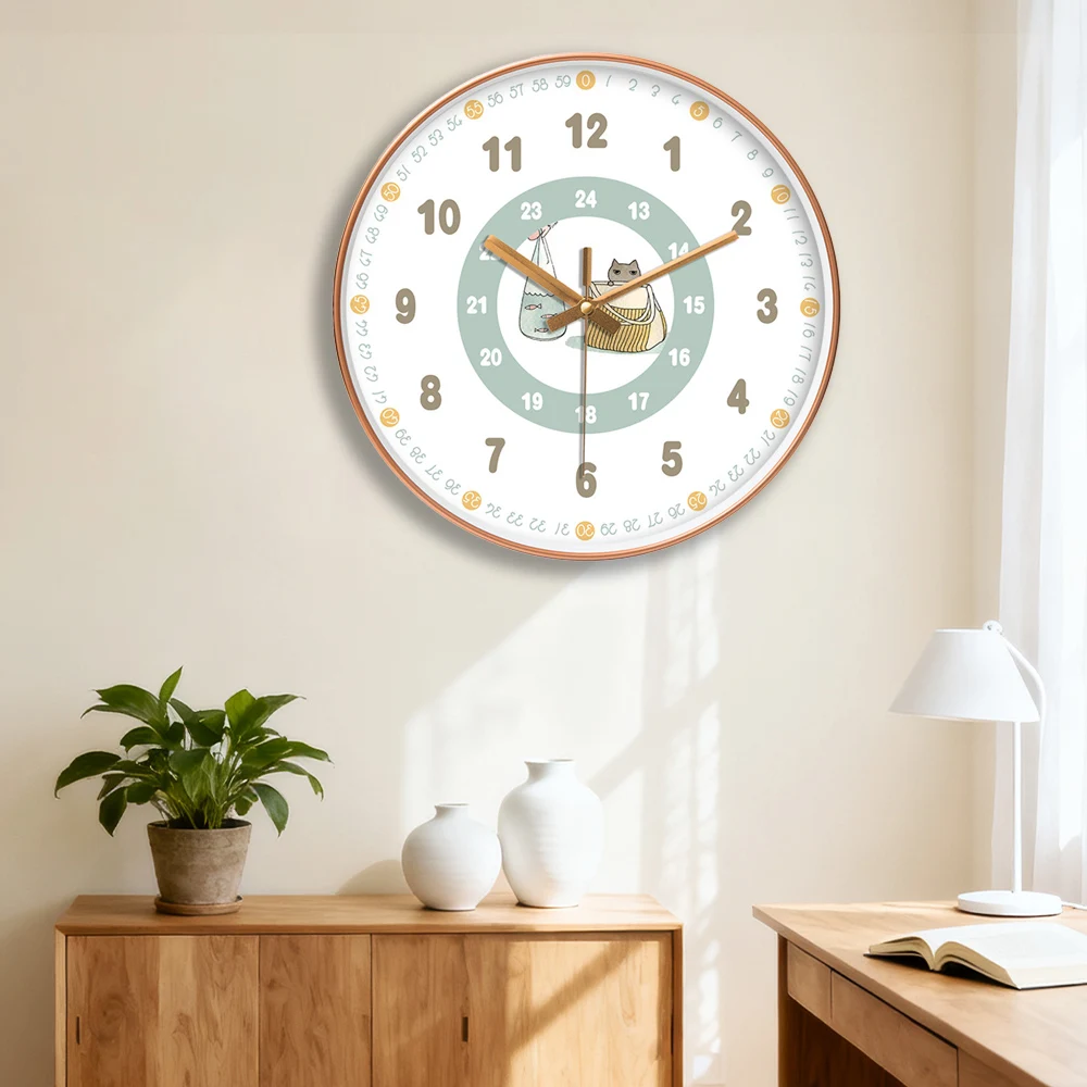 

Kids Educational Wall Clock Cute Cat Fish Design Color Numbers Silent Movement Clock For Classroom Bedroom Time Learning Tool