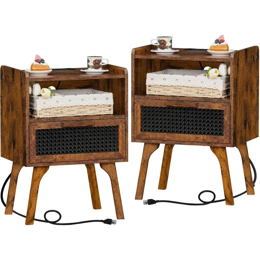 

Rattan Nightstands Set of 2 with Charging Station, Boho Side Table with Drawer Open Shelf, Cane Accent Bedside End Table with S