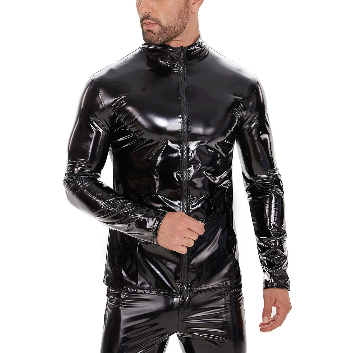 Men's Long-sleeved Soft Patent Leather Jacket V-neck Long-sleeved Bright Leather Jacket Elastic Tight-fitting Top