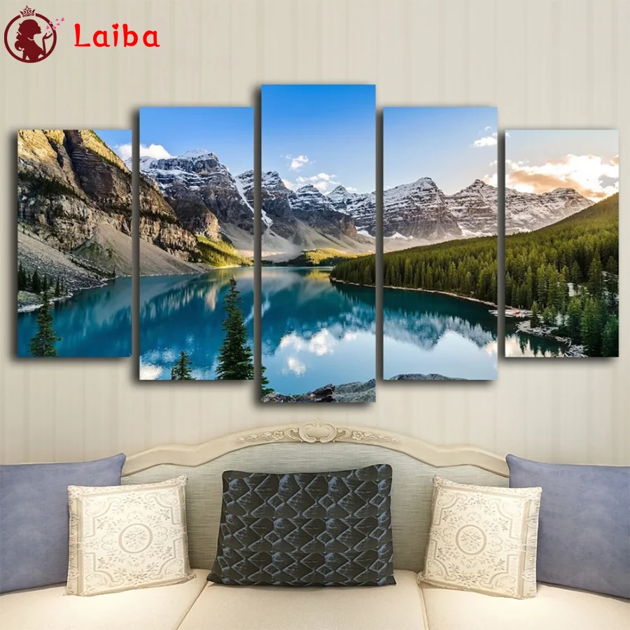 

Diamond Mosaic Picture of Natural Scenery, Mountains and Lakes, Rhinestones Diamond Painting, Cross Stitch Embroidery, 5PCs