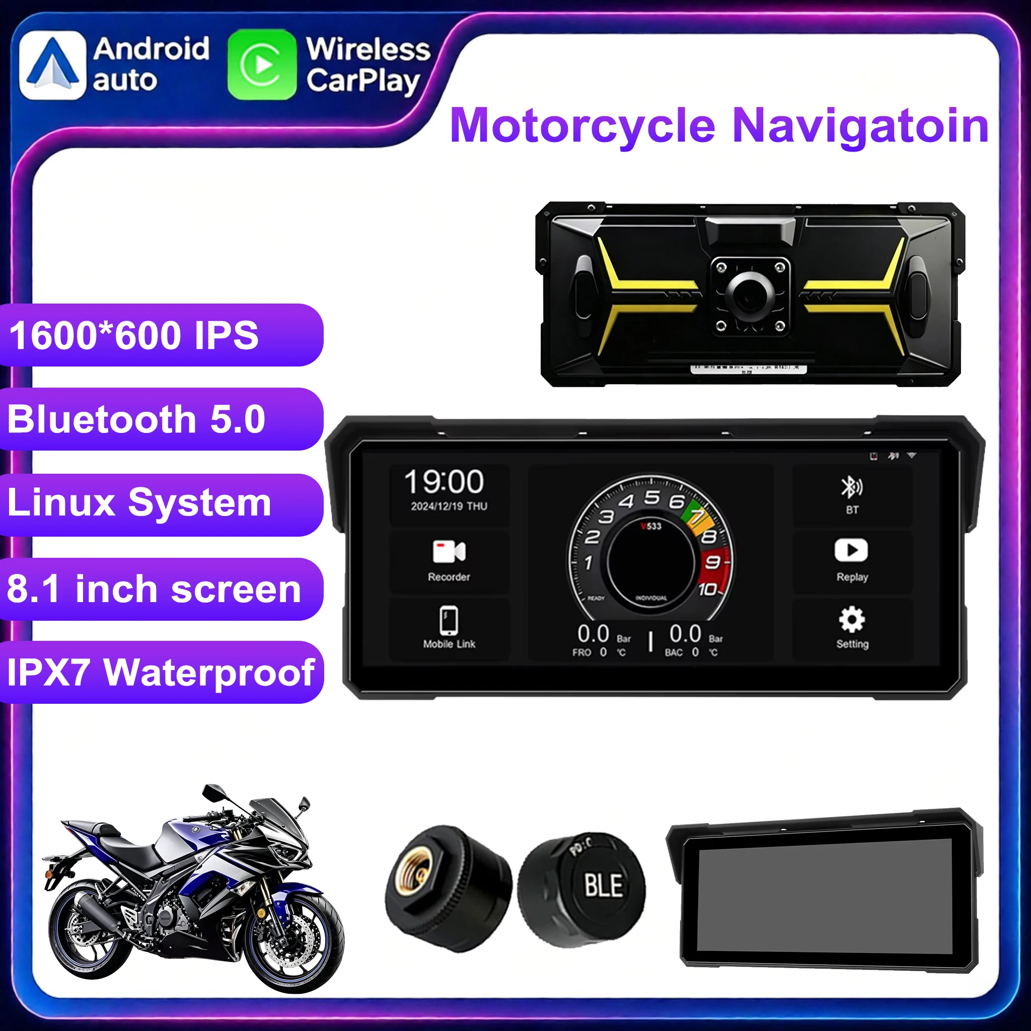 Portable 8.1 inch IPX7 Waterproof Motorcycle GPS Navigation Wireless Carplay Android Auto Moto Recorder Monitor Voice Control