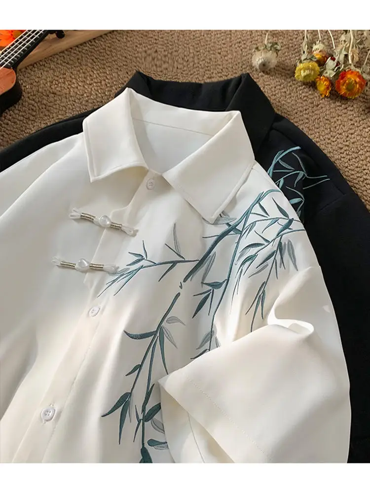 

Новая китайская мужская рубашка из ледяного шелка с вышивкой, свободного кроя, с коротким рукавом, летняя, дышащая, повседневная, верхняя одежда