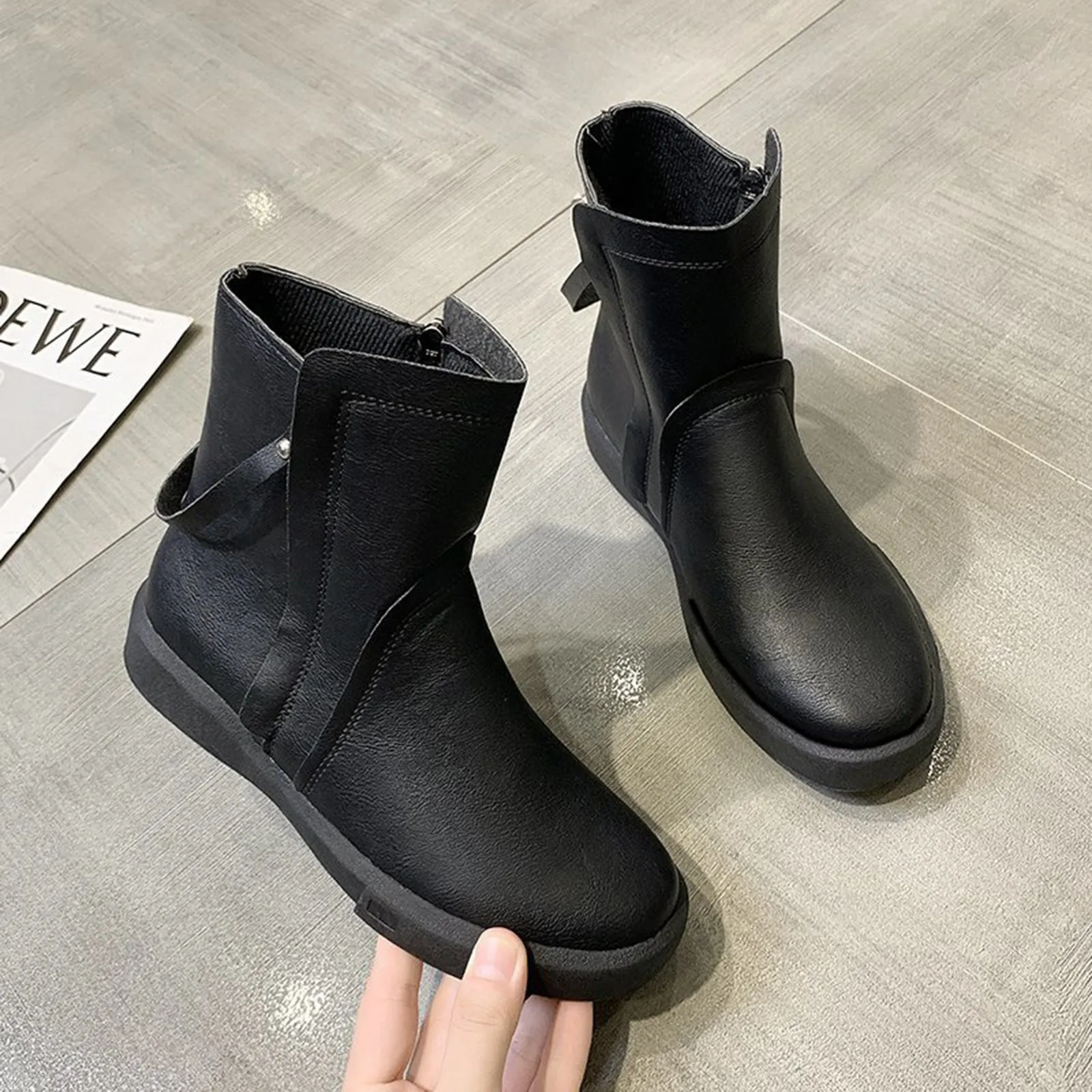 Leather Boots Women Flat Toe Women Fashion Zipper Platform Shoes Shoes Boots Retro Boots Round Women\'S Ladies Shoes And Boots