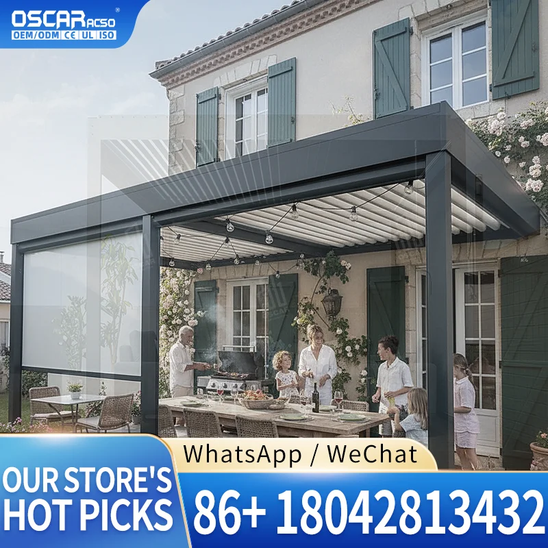 Outdoor Motorized Sun Shade Opening Louvered Roof Aluminium Structure With RGB Lighting for Patio Backyard Garden pergola