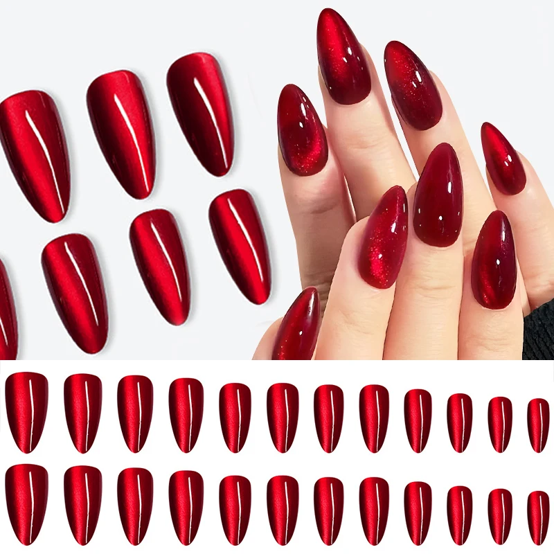 24pcs Sparkling Red Cat Magnet Fake Nail Fashion Detachable Finished False Nails Press on Nails with Glue Manicure Nail Decorati