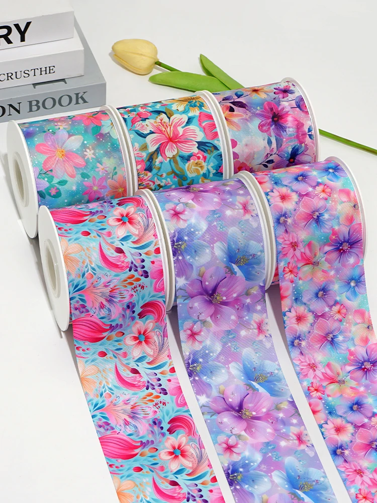 5Yards 75mm Flowers Ribbons Little Girls Cartoon Grosgrain/Satin Ribbon Printed Ribbon For Crafts Decoration Bow  92050