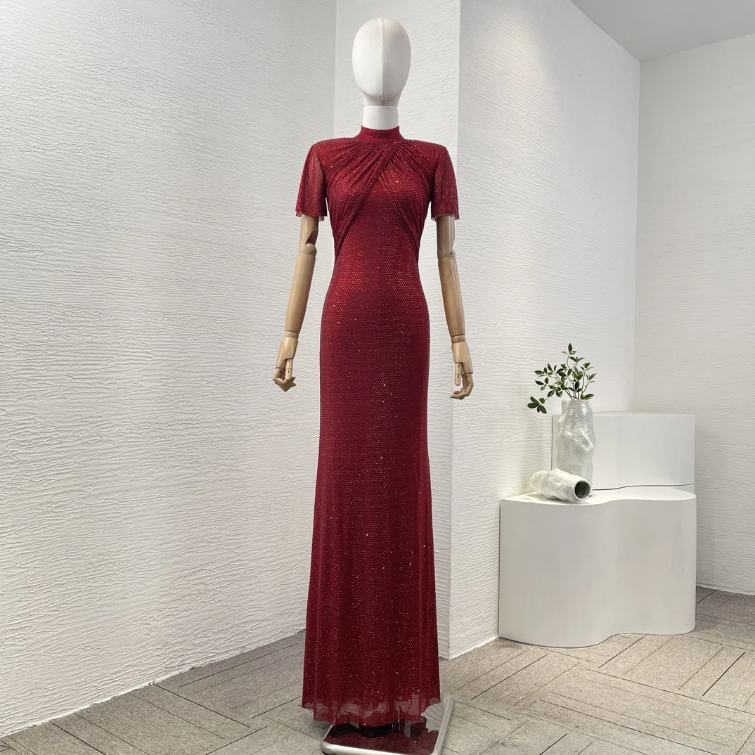 Red Graceful Diamonds Herbst Neuheiten Top Qualität Frauen Kurzarm Überlappung Falten Meerjungfrau Maxi Party Kleid