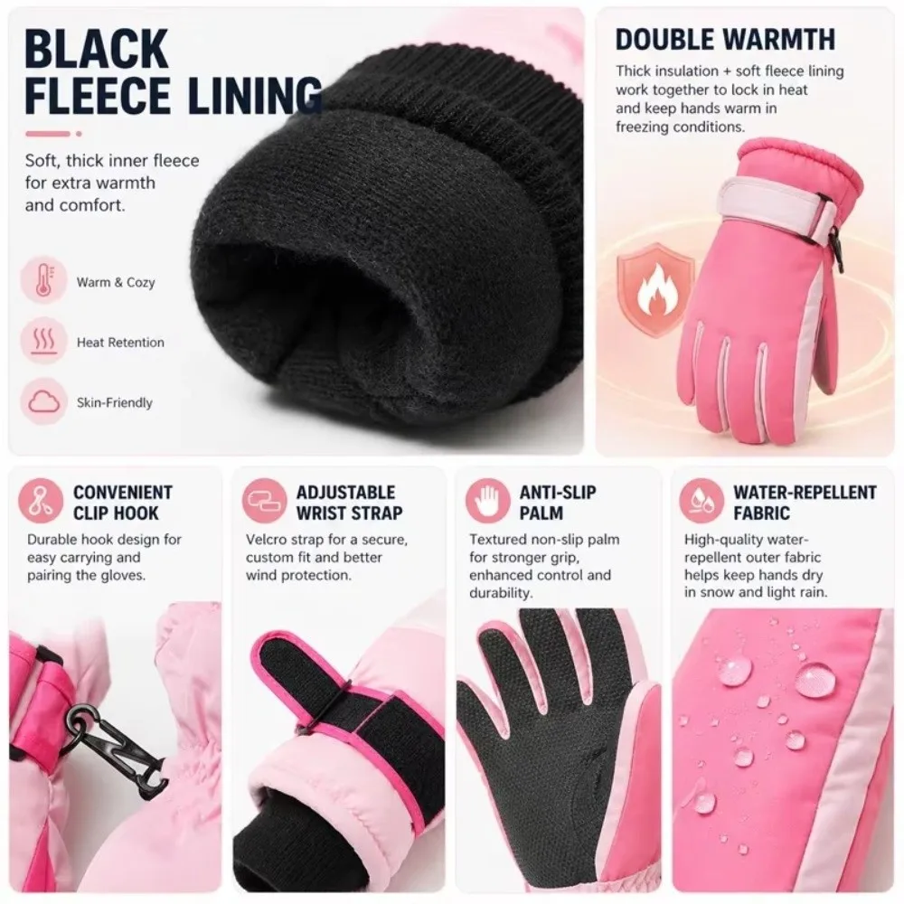 Durable Waterproof Winter Ski Gloves Windproof Thickened Kids Snow Gloves Cold Proof Warm Fleece Lining Finger Gloves for Girls