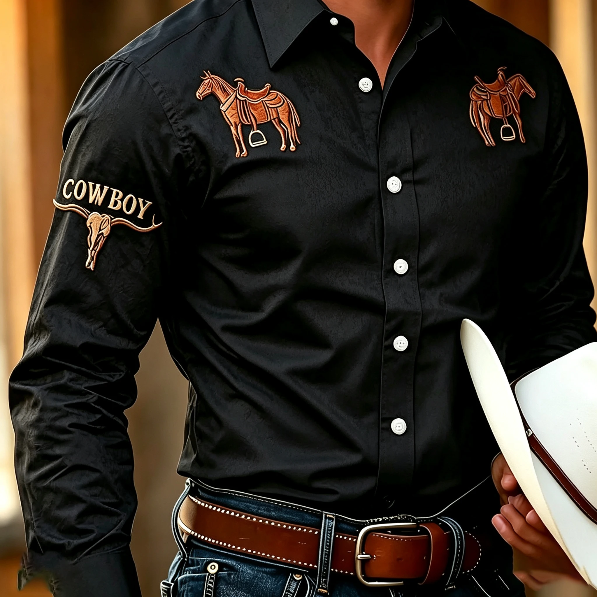Men's Long-Sleeve Collared Shirt, COWBOY Bull Head Print Retro Work Shirt, Country Cowboy Outdoor Casual Top