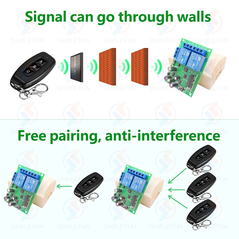 433MHz Light/Garage Gate Universal Wireless Remote Control Switch AC 110V 220V 2CH Relay Receiver,50m Transmitter,for lamp motor