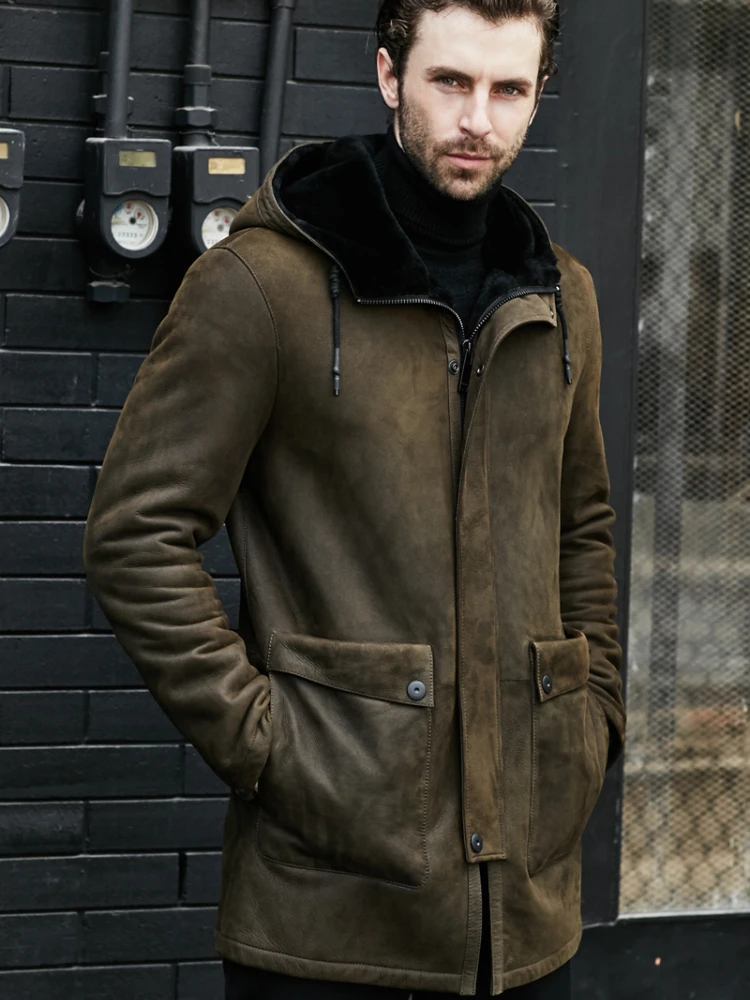 2022 Nieuwe Winter Bont Een Herenkleding Oorspronkelijke Ecologische Lederen Jacekt Mannen Echte Schapenvacht Jas Lange Hooded Overjas