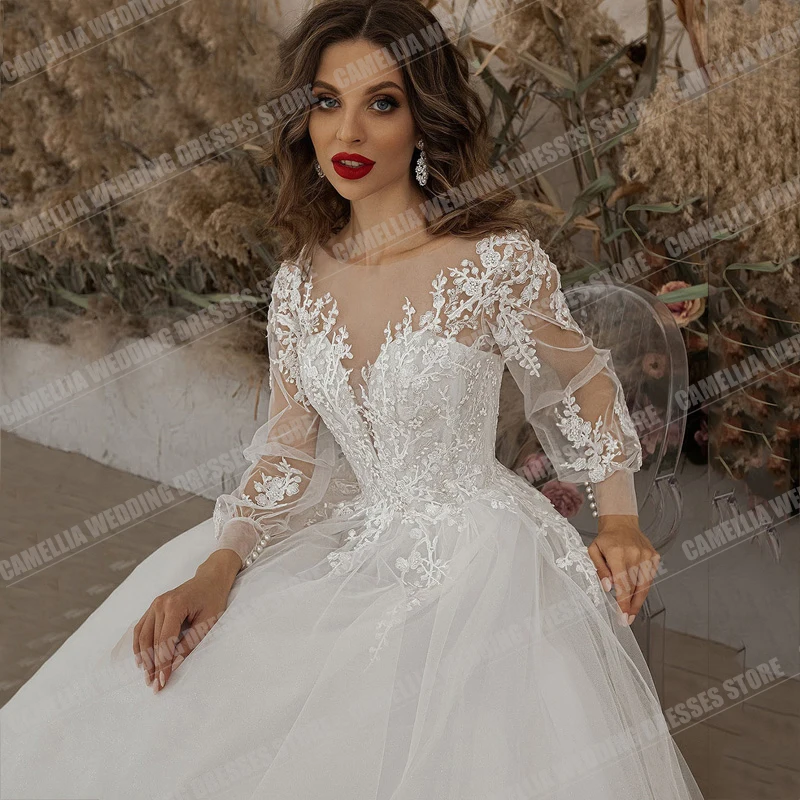 Vestidos de casamento de tule para mulheres, vestidos de noiva formais, princesa de manga comprida, elegante e luxuoso, boêmio