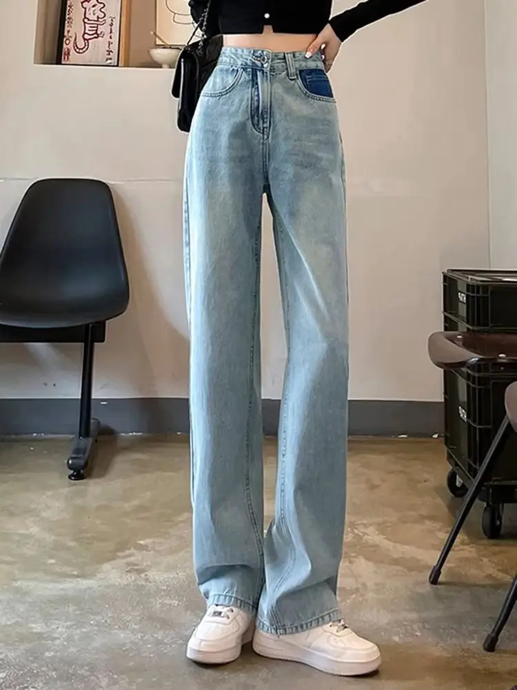 

Бежевые прямые шикарные потертые потертые женские джинсы, новые весенние классические свободные базовые брюки с высокой талией, полная длина, женские широкие брюки