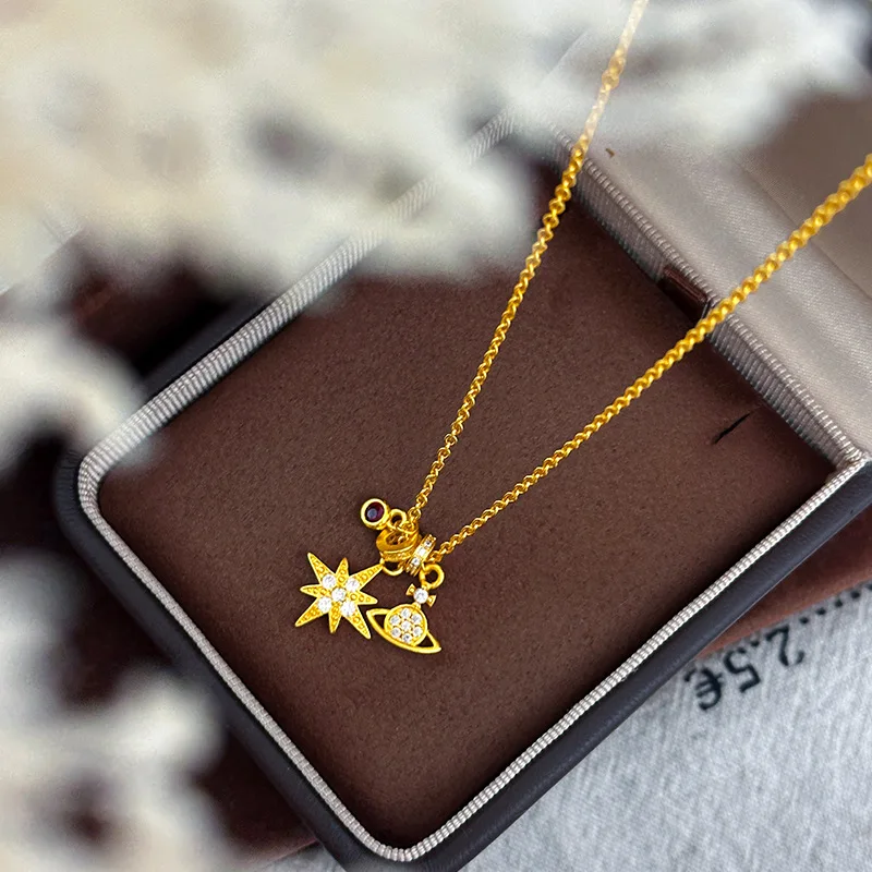 Luxury 9999 24K Real Gold Running Ring Eight-pointed Star Necklace Micro-paved Zircon Pendant Clavicle Chain