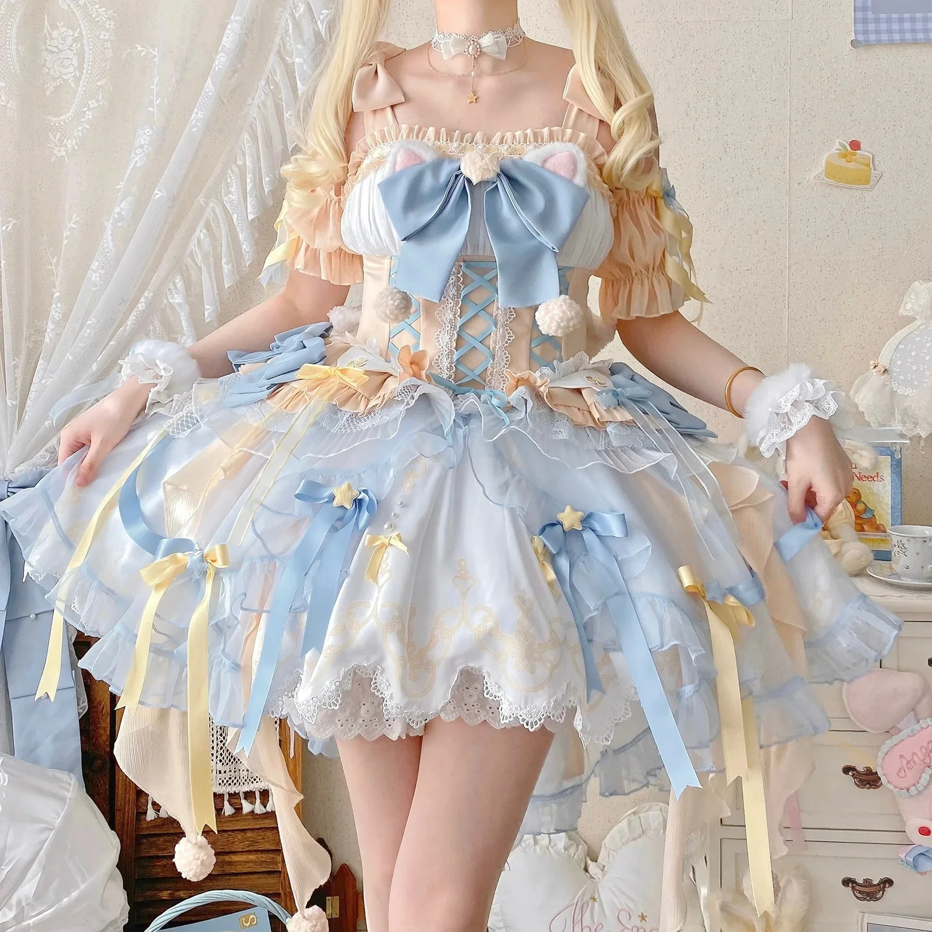فستان لوليتا كاواي نسائي ، قوس دانتيل ، ملابس لوليتا أنيقة ، فستان أميرة عتيق ، حفل زفاف ، فيكتوري ، ياباني ، حلو ، طقم كامل