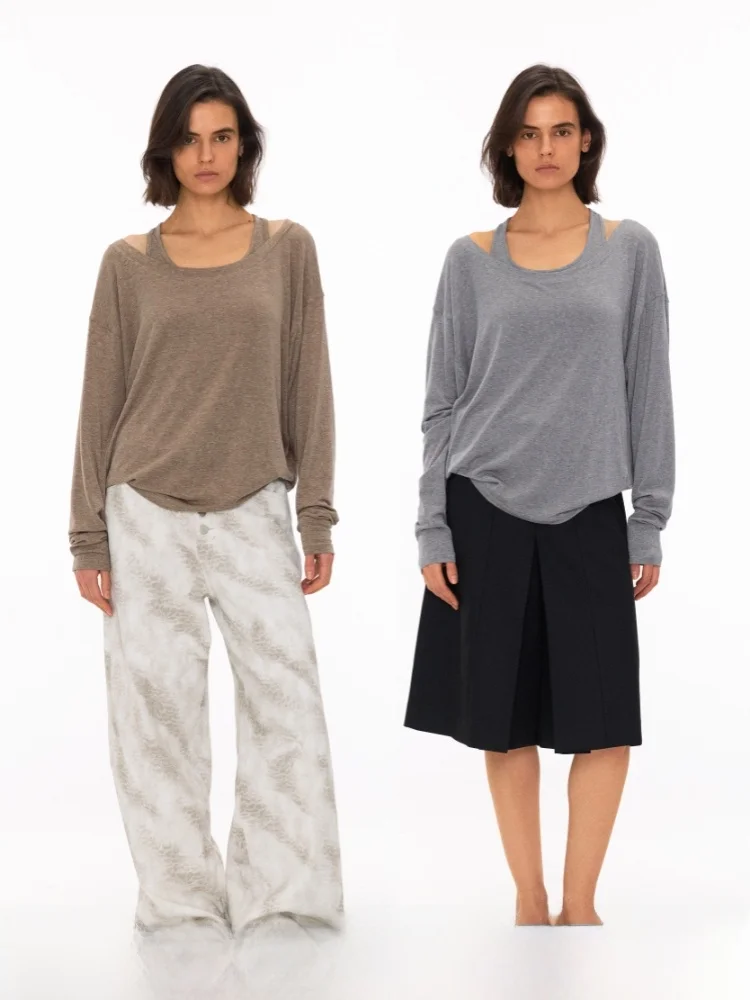 

Женский топ из шерстяной смеси с длинным рукавом, свободного кроя, с круглым вырезом, коричневый, повседневный, для базового слоя, Mild Sve